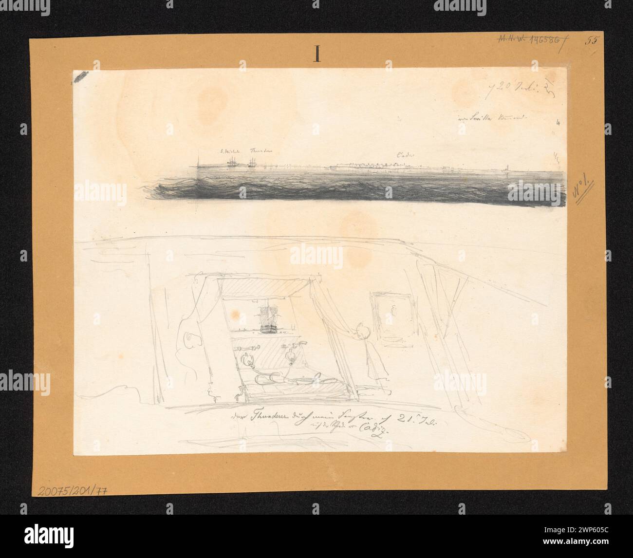Dessin d'Adalbert (1842) montrant les navires S. Michele et Thunder au port de Cádiz, vus d'une fenêtre de cabine, avec paysages côtiers et détails maritimes, faisant partie de la collection Hessen-Darmstadt. Banque D'Images