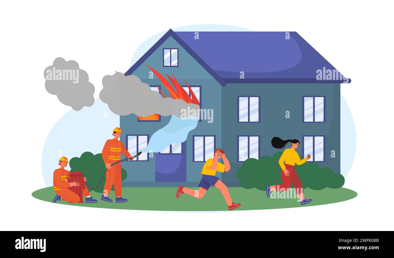 Équipe de pompiers près du vecteur de maison Illustration de Vecteur