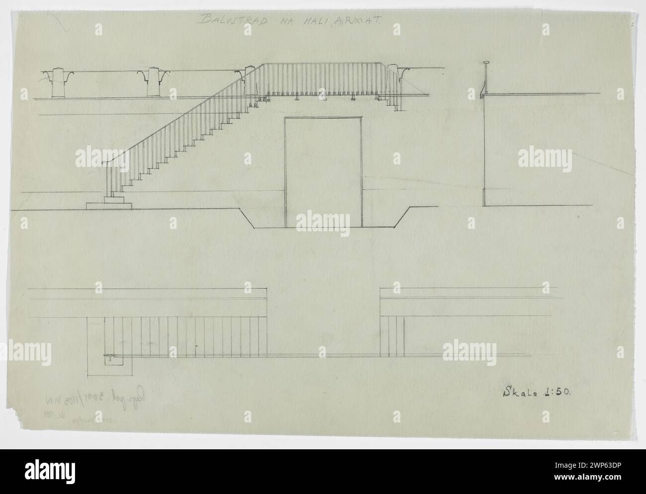 Varsovie. Musée national. Esquisse de conception. Partie VIII (Musée de l'Armée) - salle des canons. Conception de la balustrade ; échelle 1:50 50 ; Tadeusz (1887-1951) ; vers 1930-1933 (1927-00-00-1933-00-00) ; Musée national de Varsovie (1862-), Musée de l'armée polonaise (Varsovie- 1920-), Varsovie (Voïvodie Masovienne), balustrades, musées (architecte.), projets architecturaux Banque D'Images