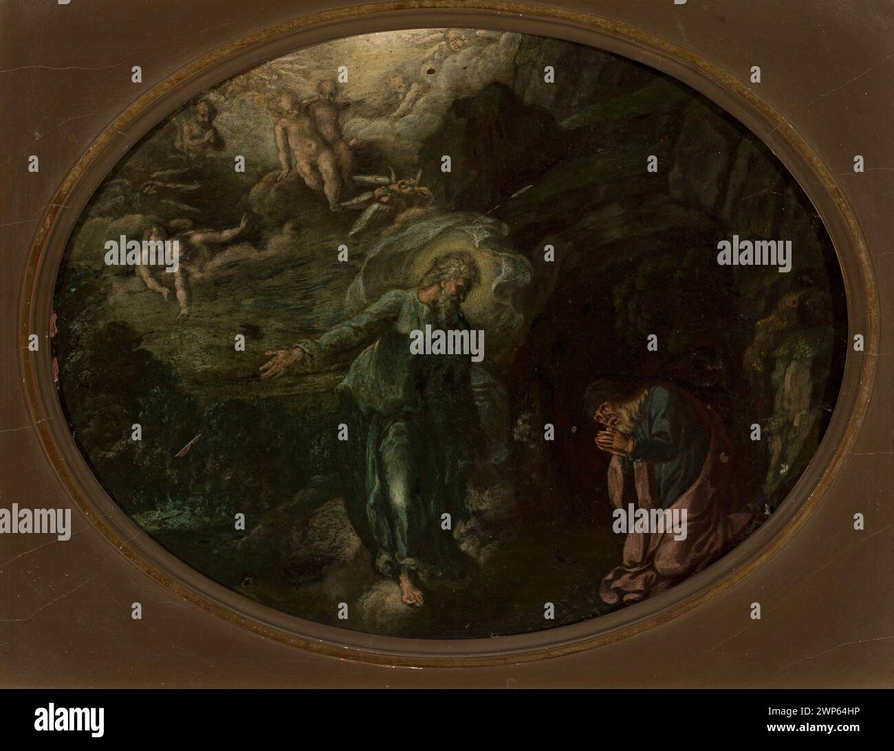 Représentation de Dieu parlant avec Noé dans la Bible par Hans Rottenhammer (1564-1625), montrant des figures religieuses dans une composition ovale sur un fond de paysage, typique de la peinture religieuse allemande. Banque D'Images