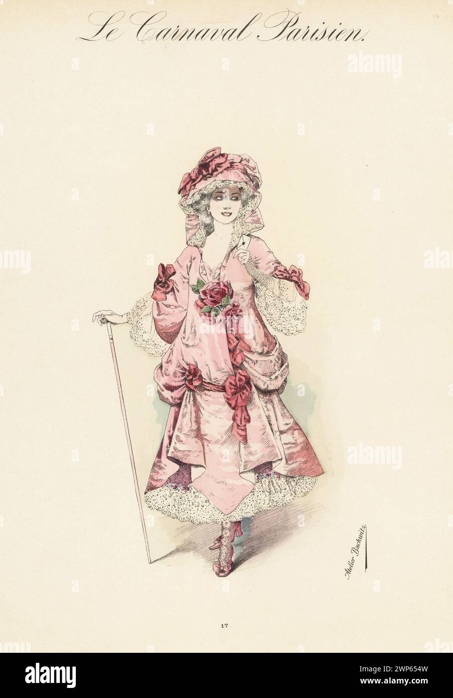 Femme en costume de fantaisie de mode rococo, époque de Marie Antoinette. En bonnet rose et robe décorée de roses, volants et volants en dentelle. Tenant une lettre et un bâton de marche. Lithographie coloriée à la main par Atelier Bachwitz de le Carnaval Parisien, Atelier Bachwitz AG, Vienne, 1925. Banque D'Images