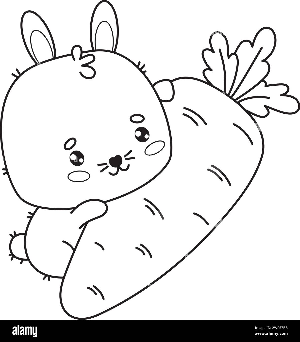 Lapin mignon avec grosse carotte. Caractère animal kawaii de contour drôle. Illustration vectorielle. Dessin au trait, livre de coloriage. Collection enfants Illustration de Vecteur
