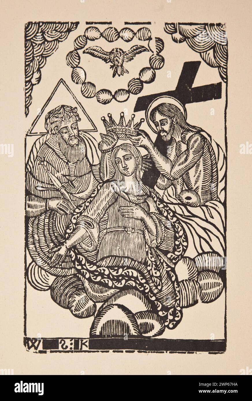 Imprimer 'couronnement de la mère de Dieu' de Zygmunt Azarski (1921), montrant la Vierge Marie couronnée par la Sainte Trinité, y compris Dieu le Père, le Saint-esprit et Jésus-Christ, basé sur une matrice folklorique gravée sur bois du début du XIXe siècle, qui fait partie de la collection Lazarski. Banque D'Images Imprimer 'couronnement de la mère de Dieu' de Zygmunt Azarski (1921), montrant la Vierge Marie couronnée par la Sainte Trinité, y compris Dieu le Père, le Saint-esprit et Jésus-Christ, basé sur une matrice folklorique gravée sur bois du début du XIXe siècle, qui fait partie de la collection Lazarski. Banque D'Images