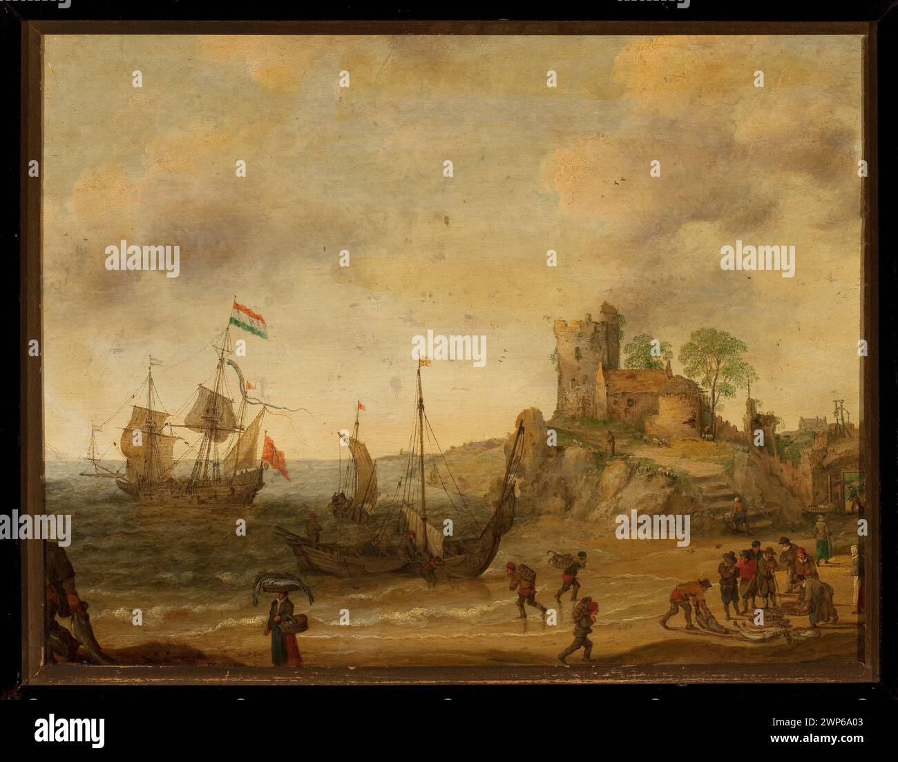 Une peinture flamande-néerlandaise du début du XVIIe siècle par Adam Willaerts montrant des pêcheurs, des bateaux, des navires, des ruines côtières et des baies marines, illustration de paysages maritimes, partie de provenance collectée. Banque D'Images