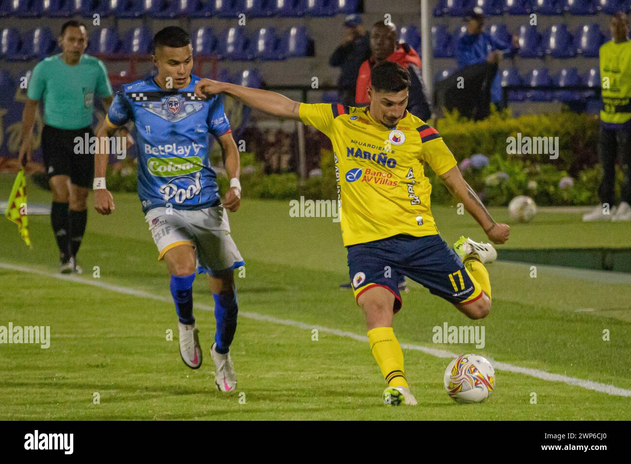 Bogota, Colombie. 04 mars 2024. Diego Chavez (R) de Deportivo Pasto lors du match Deportivo Pasto (1) V Fortaleza (0) lors de la ligue BetPlay à Pasto, Colombie, le 4 mars 2024. Photo par : Sebastian Maya/long Visual Press crédit : long Visual Press/Alamy Live News Banque D'Images