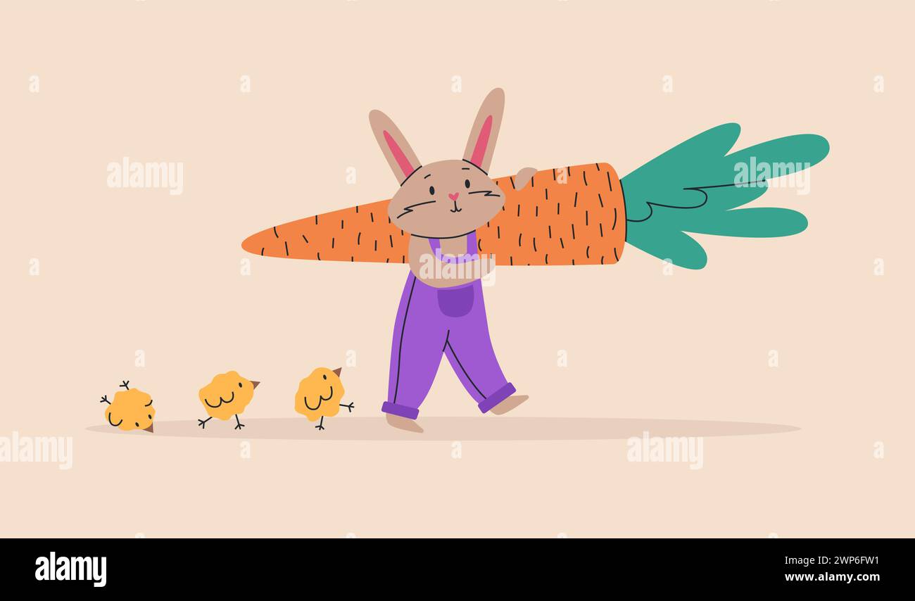 Lapin mignon avec une grosse carotte et de petits poussins. Illustration vectorielle drôle. Concept de jour de Pâques. Pour cartes de vœux, affiches, bannières et autocollants. Illustration de Vecteur