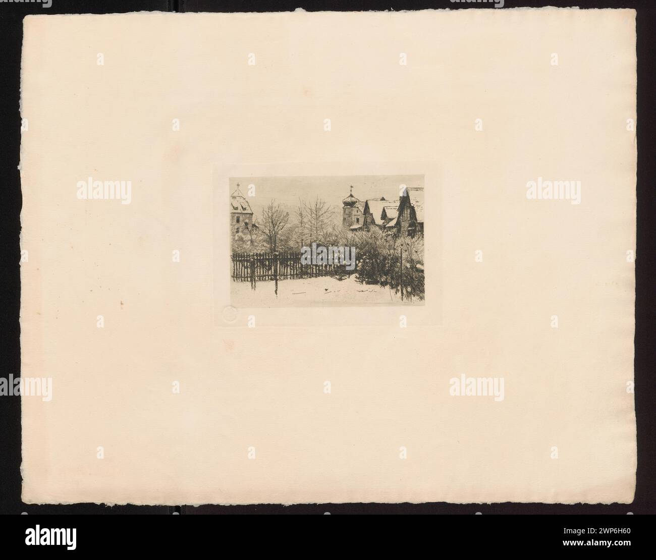 Gravure paysagère d'hiver de 1897 d'Otto Franz August Krüger, représentant des bâtiments dans la neige, exécutés dans un style moderniste, publiée par F. Bruckmann AG, et faisant partie de la collection Schlesisches Museum der Bildenden Künste. Banque D'Images