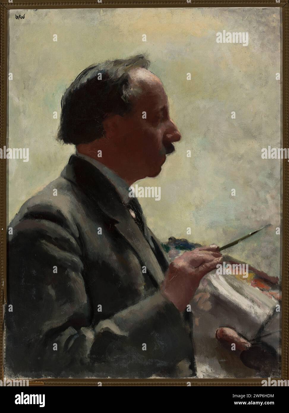Un autoportrait de Wojciech Weiss vers 1931 le montrant avec une palette et des pinceaux sur un fond neutre, y compris les traits de profil et la moustache, reflétant les détails de provenance. Banque D'Images Un autoportrait de Wojciech Weiss vers 1931 le montrant avec une palette et des pinceaux sur un fond neutre, y compris les traits de profil et la moustache, reflétant les détails de provenance. Banque D'Images
