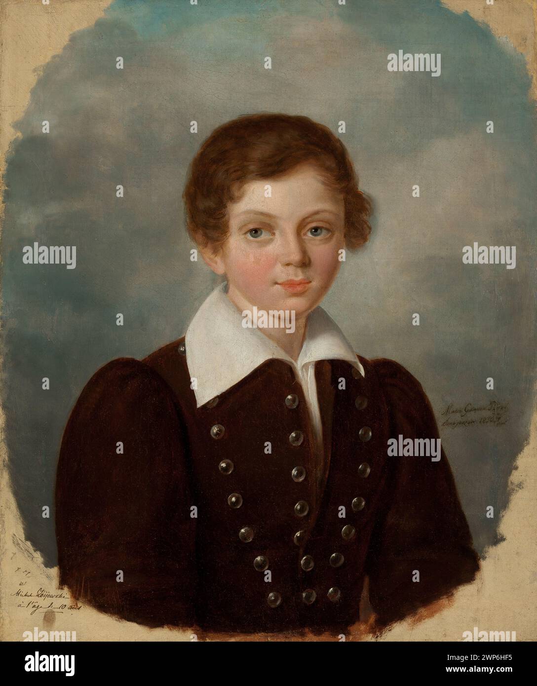 Portrait de Michel Bijewski à dix ans peint par Marie Gomier-Prévot en 1830, montrant un garçon dans une pose semi-figurée dans un ovale et contre le ciel. Banque D'Images