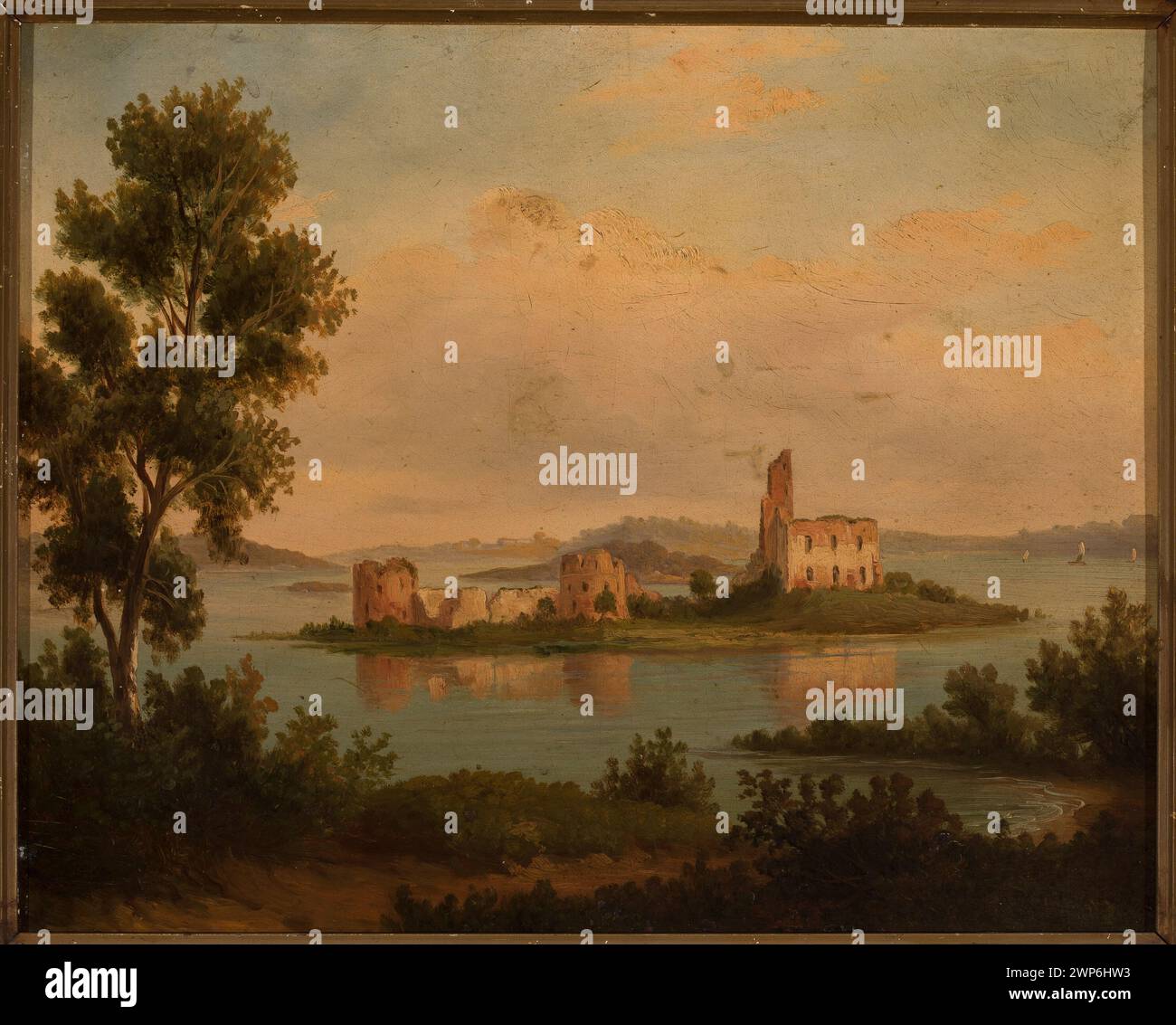 Une représentation réaliste des lacs et des ruines en été, documentée avec des informations de provenance indiquant l'acquisition de l'œuvre. Banque D'Images