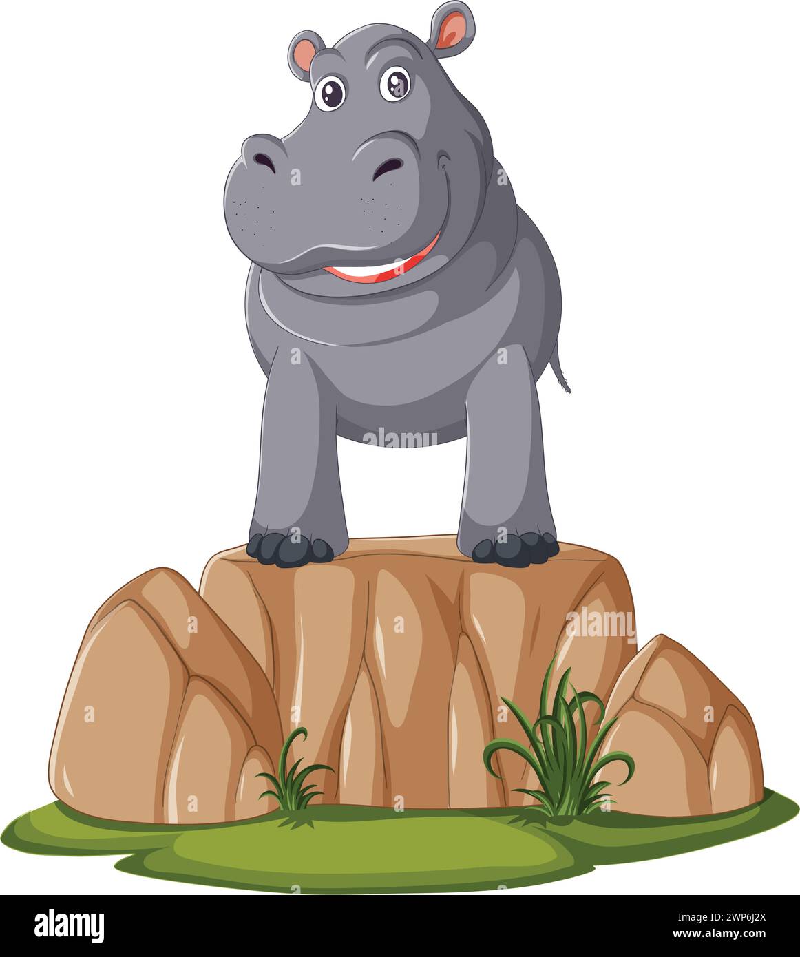 Un hippopotame de dessin animé joyeux debout sur les rochers Illustration de Vecteur