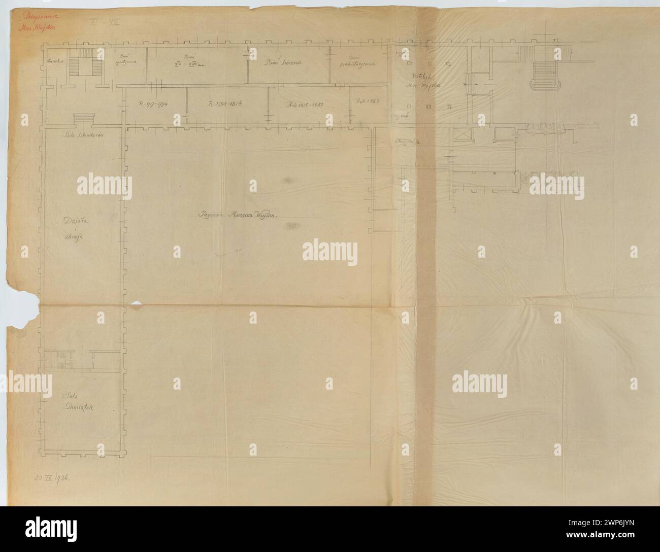 Varsovie. Musée national. Esquisse de conception. Aile gauche (VI-VII) - Musée de l'Armée. Rez-de-chaussée. Plan avec marquage des pièces ; Tadeusz (1887-1951) ; 30.09.1926 (1926-00-00-1926-00-00) ; Musée national de Varsovie (1862-), Musée de l'armée polonaise (Varsovie- 1920-), Varsovie (Voïvodie Masovienne), musées (architecte.), plans architecturaux, projets architecturaux, projets architecturaux Banque D'Images