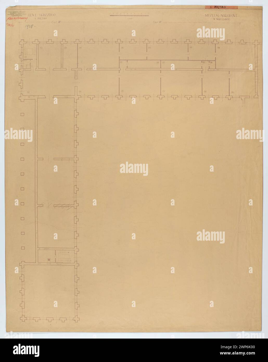 Varsovie. Musée national. Plan exécutif. Aile gauche (partie VI -VII) - Musée de l'Armée. Pi d'abord. Projection horizontale avec corrections ; échelle 1 : 100 ; Tadeusz (1887-1951) ; 12.03.1928 (1928-00-00-1928-00-00) ; Musée national de Varsovie (1862-), Musée de l'armée polonaise (Varsovie- 1920-), Varsovie (Voïvodie Masovienne), peinture polonaise, musées (archite.), projets architecturaux, jetés architecturaux Banque D'Images