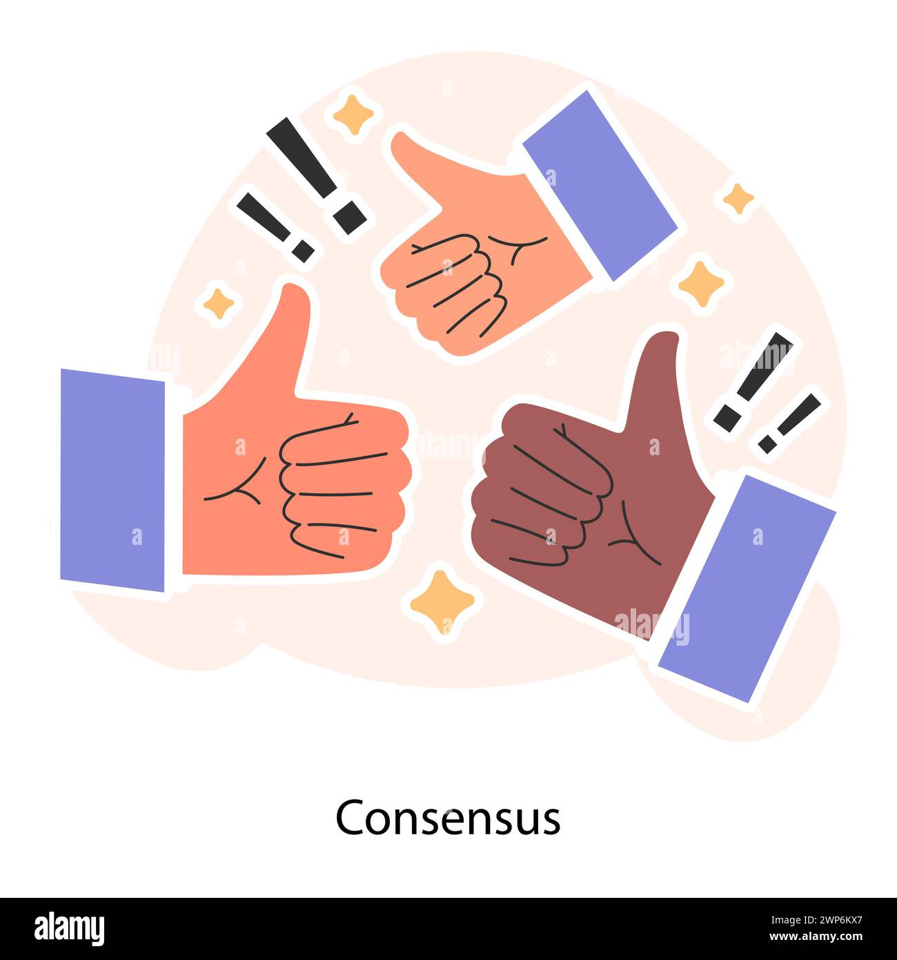 Plusieurs pouces vers le haut s'unissent. Consensus ou convention collective. Succès partagé. Accord unifié. Alignement de l'équipe. Équilibre des intérêts. Illustration vectorielle plate Illustration de Vecteur