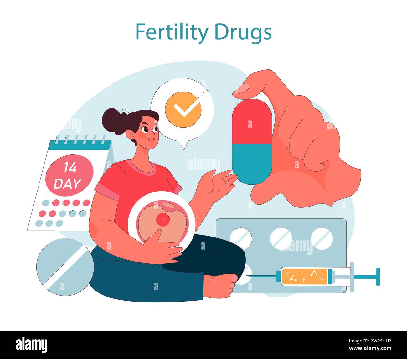 Médicaments de fertilité. Femme prenant en toute confiance des médicaments de fertilité, avec calendrier marquant le jour du cycle, grande pilule et seringue aperçu. Assurer les étapes de conception. Illustration vectorielle plate Illustration de Vecteur