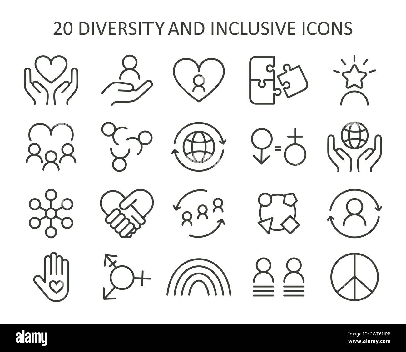 Société inclusive Set. Une collection d'icônes représentant l'unité, l'égalité et le soutien. Célébrer la diversité, la neutralité de genre et la solidarité mondiale. Illustration vectorielle plate. Illustration de Vecteur