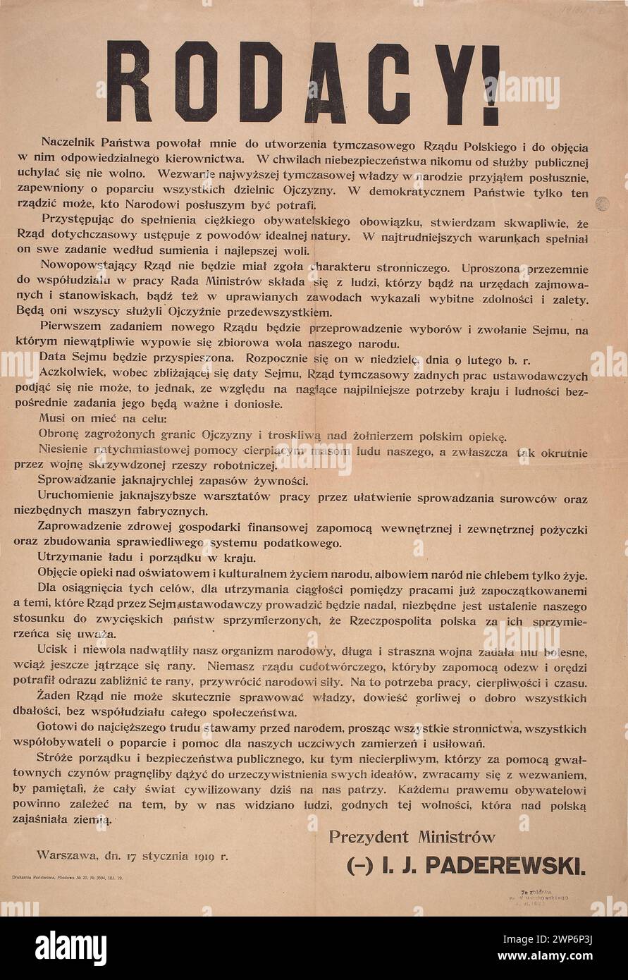 Un ordre officiel de 1919 d'Ignacy Jan Paderewski en tant que président du Conseil des ministres à Varsovie, s'adressant à ses compatriotes, avec une provenance documentée de collections privées. Banque D'Images