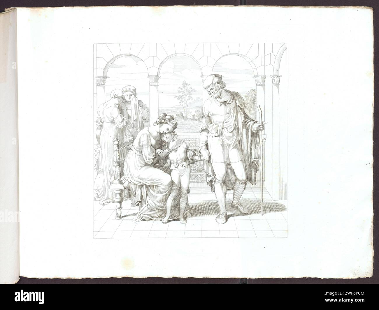 Illustration montrant Rafael Sanzio faisant ses adieux à sa mère avant de voyager avec son grand-père à Pérouse, tirée de la publication de 1816. Banque D'Images