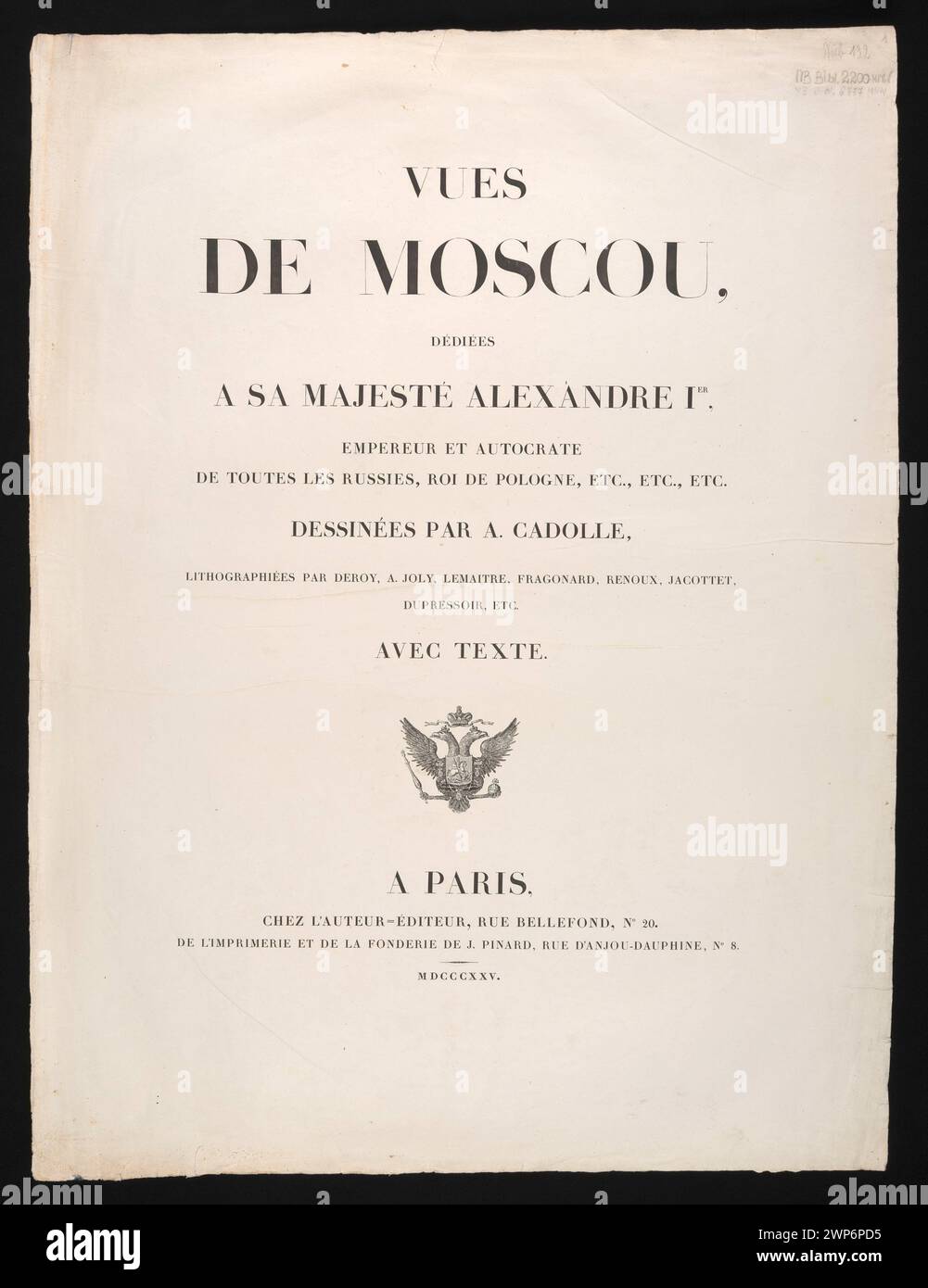 1825 liste des abonnés pour 'vues de Moscou édiées à sa Majesté Alexandre Ier', compilée par Cadolle et imprimée à Paris par J. Pinard, documentant les contributeurs. Banque D'Images
