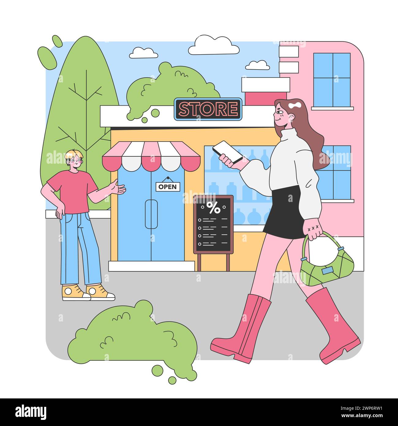 Shopping Day Delight. Une femme joyeuse passe par un magasin accueillant, accueilli par un vendeur sympathique, des réductions vous attendent à l'intérieur. Shopping en ville, ambiance ensoleillée. Illustration vectorielle plate Illustration de Vecteur