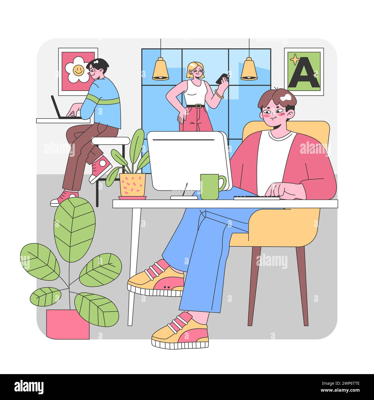 Équipe créative au travail dans un bureau dynamique. Les personnages s'engagent avec la technologie, discutent de projets et font preuve d'un esprit de collaboration. Décoration artistique, éclairage naturel. Illustration vectorielle plate Illustration de Vecteur