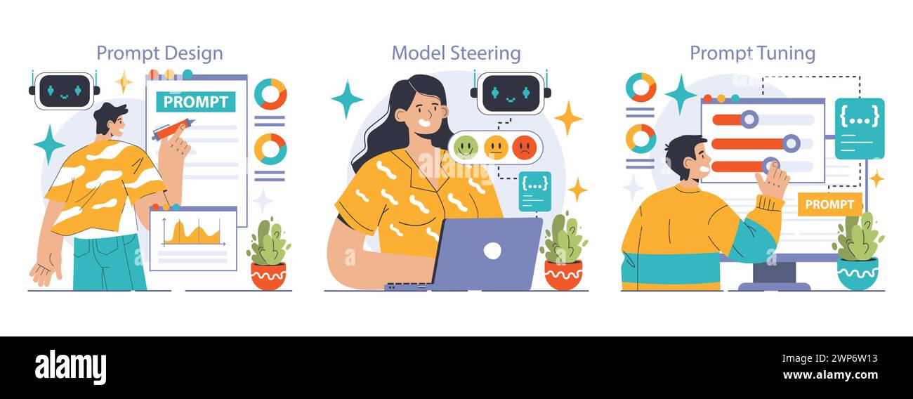 Les ingénieurs qui écrivent une commande sur un réseau de neurones artificiels. Développement de l'intelligence artificielle. Caractère utilisant l'IA pour créer un texte ou une image. Illustration vectorielle plate Illustration de Vecteur