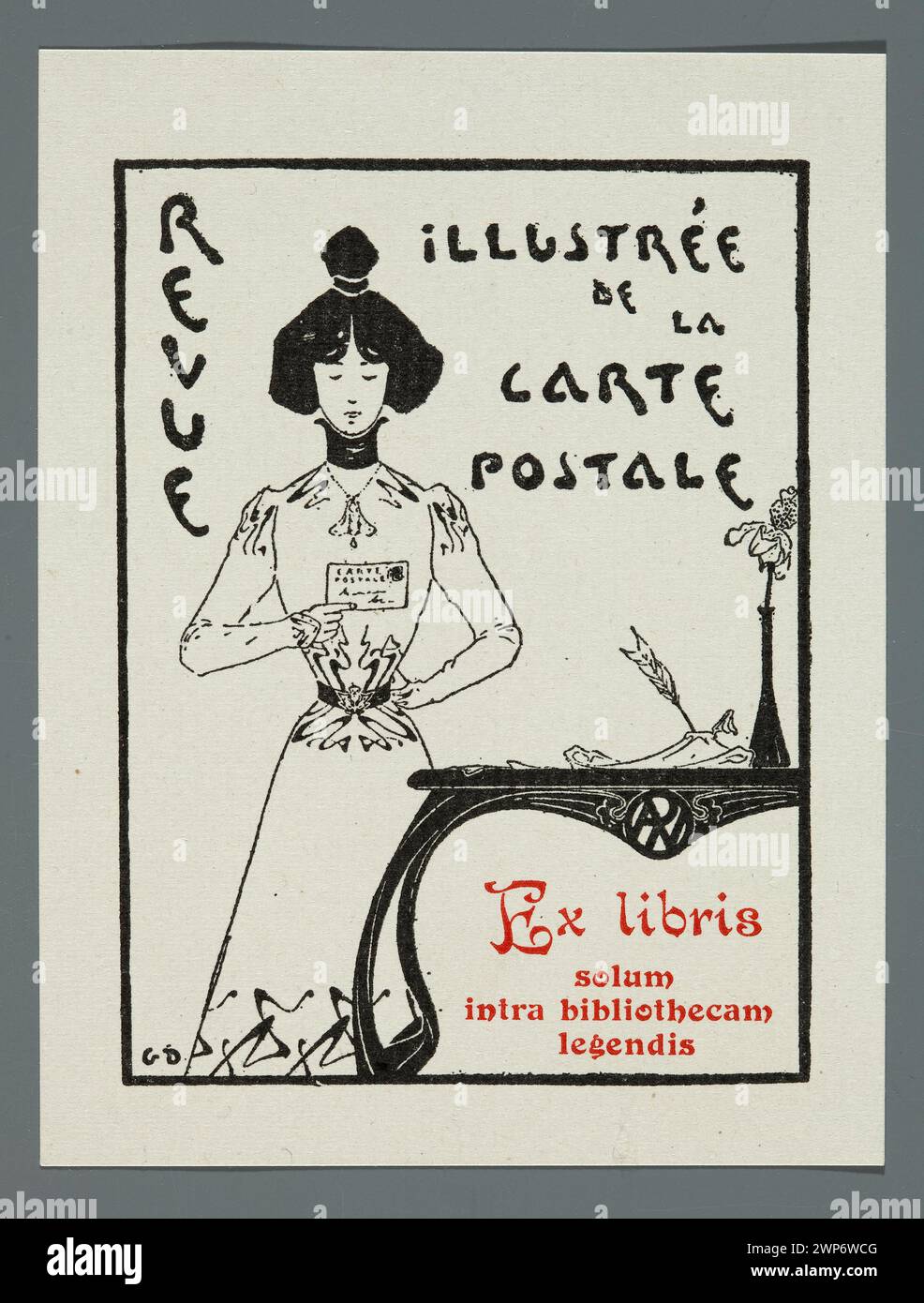 Revue illustrée de la carte postali ex libris SOLUM ITRA Bibliothecam Legendis ; Demeufve, Georges (1873-1934); 1901 (1901-00-00-1901-00-00);partage plus, revue Illustée de la carte postali (le Riancy - magazine - 1900-1912), revue illustrée de la carte postali (le Riancy - magazine - 1900-1912) - exlibris, magazines, lecture, français (culture), français graphique, cartes postales, femmes, fleurs, meubles, modernisme (style), ornements, plumes d'oie, presse (maisons d'édition), tables, vases Banque D'Images