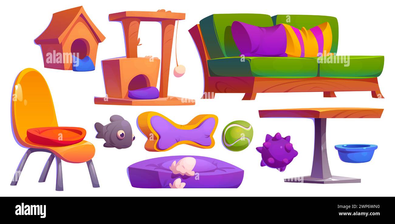 Les éléments de conception de café acceptant les animaux de compagnie sont isolés sur fond blanc. Illustration vectorielle de dessin animé de meubles intérieurs de café, animalerie et jouets, table et chaise, canapé avec coussins de couleur Illustration de Vecteur