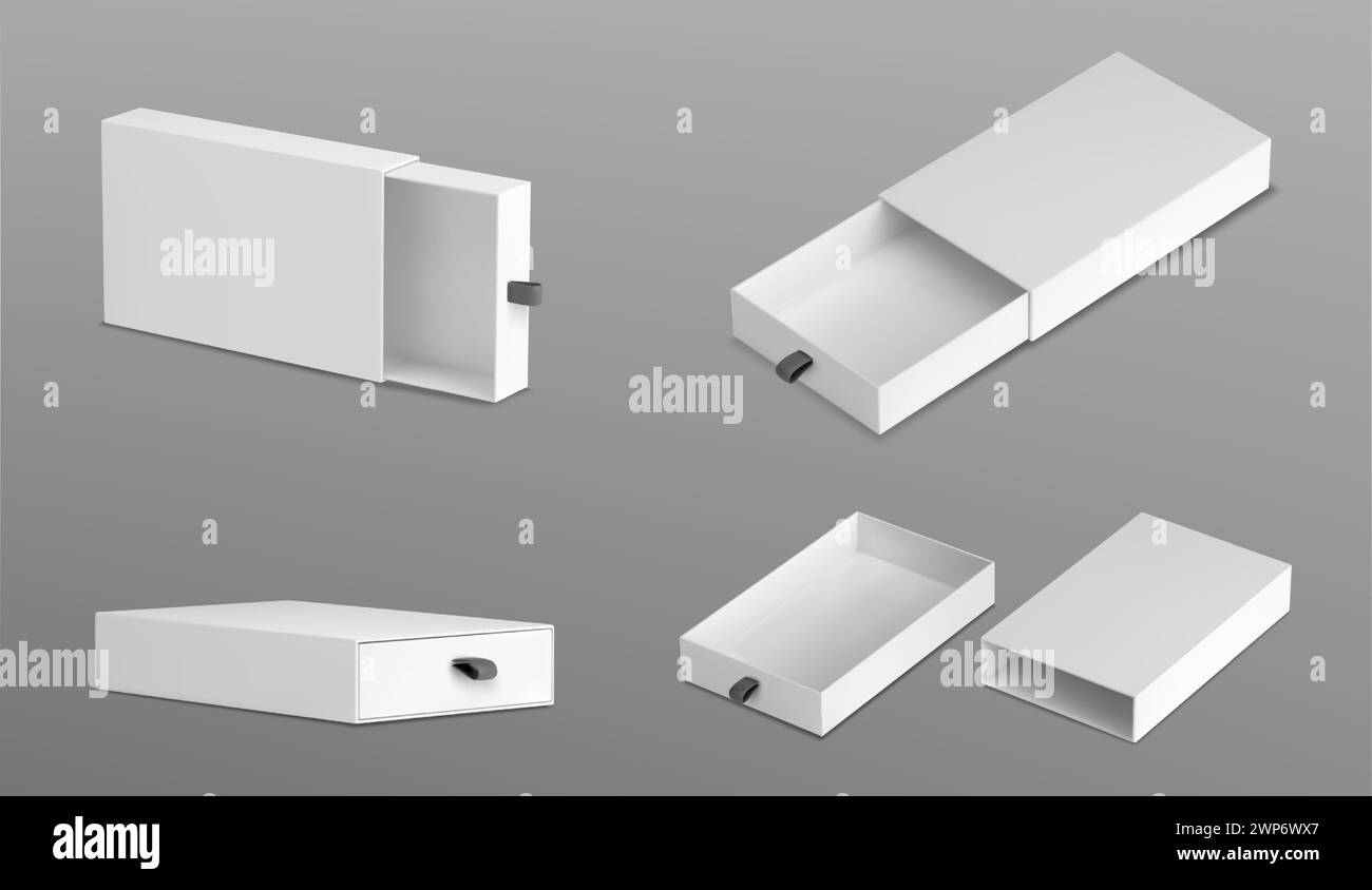 Ensemble 3D de boîtes de diapositives isolées sur fond gris. Illustration réaliste vectorielle de boîte d'allumettes en carton blanc ouverte et fermée, maquette de paquet de carton, récipient rectangulaire en papier vierge pour colis cadeau Illustration de Vecteur