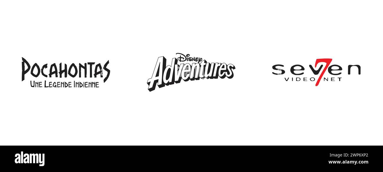 Disney Adventures, Pocahontas, Seven VideoNet. Collection populaire de logo de marque. Illustration de Vecteur