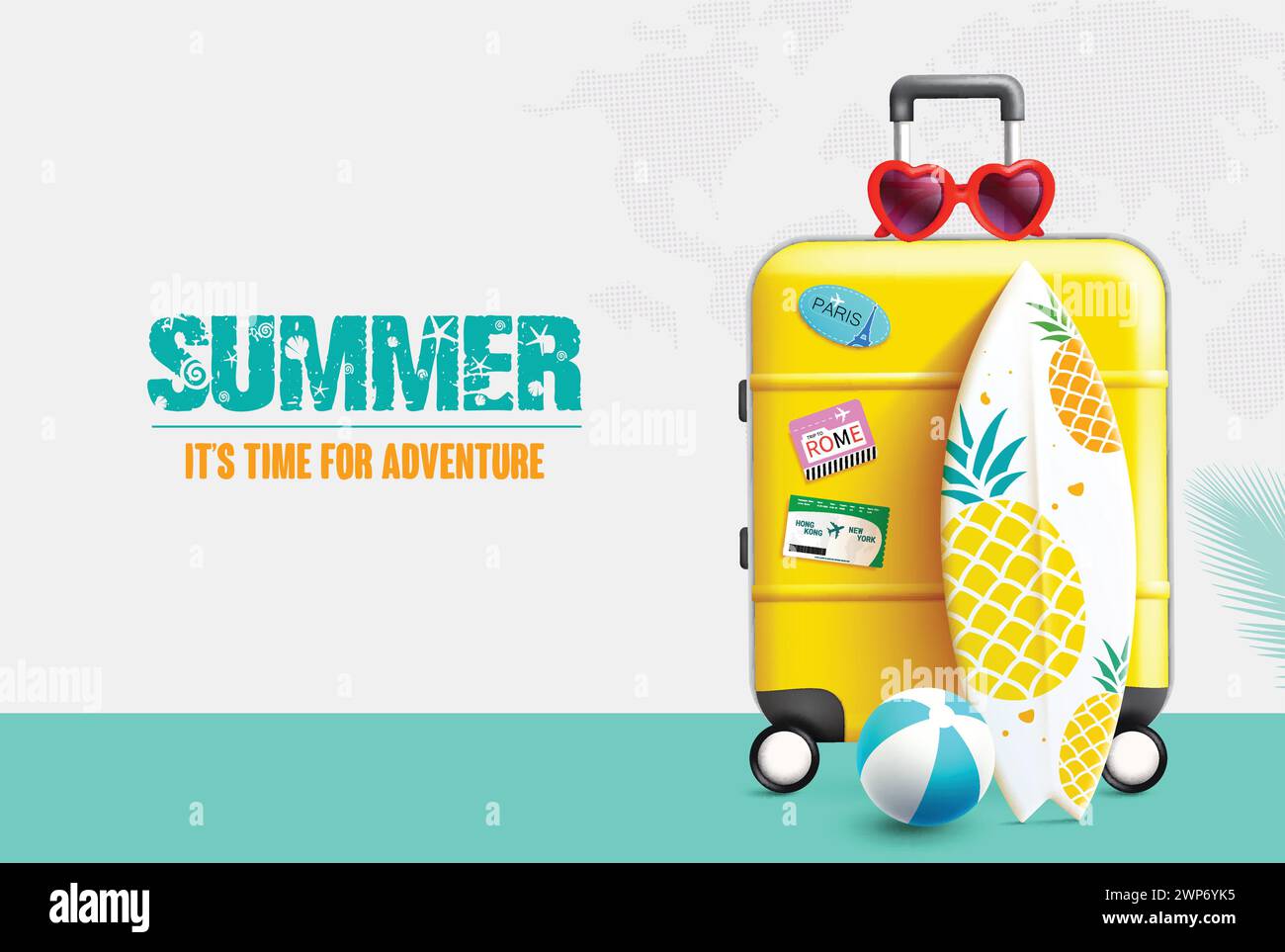 Conception vectorielle de voyage d'été. Visites d'été et voyage avec sac à bagages jaune, planche de surf et lunettes de soleil pour fond de vacances de saison tropicale. Vecteur Illustration de Vecteur