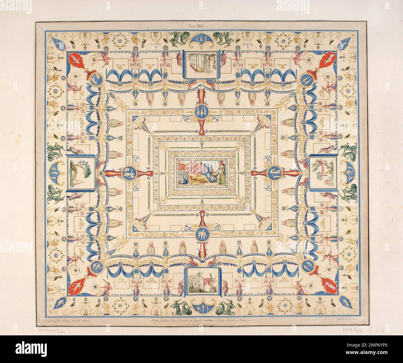 Vestigia delle terme di Tito. La décoration de la voûte appelée dans Fondo Bianco, dans la salle 26 ; Carlone, Marco (1742-1796), Smuglewicz, Franciszek (1745-1807), Brenna, Vincenzo (1741-1820), Mirri, Ludovico (1738-1786); 1776 (1776-00-00-1776-00-00);Athéna, Desa - collection, harmonie, héra, Hermès (mythe), Kadmos, Roi de Thèbes, Rome, Italie, ville, semele, terme di Tito, Umiastowski, Roman, collection, Zeus, Maison d'or de Néron, antique, architecture, archéologie , lentille, décorations, lentille, hibou, achat (provenance) Banque D'Images