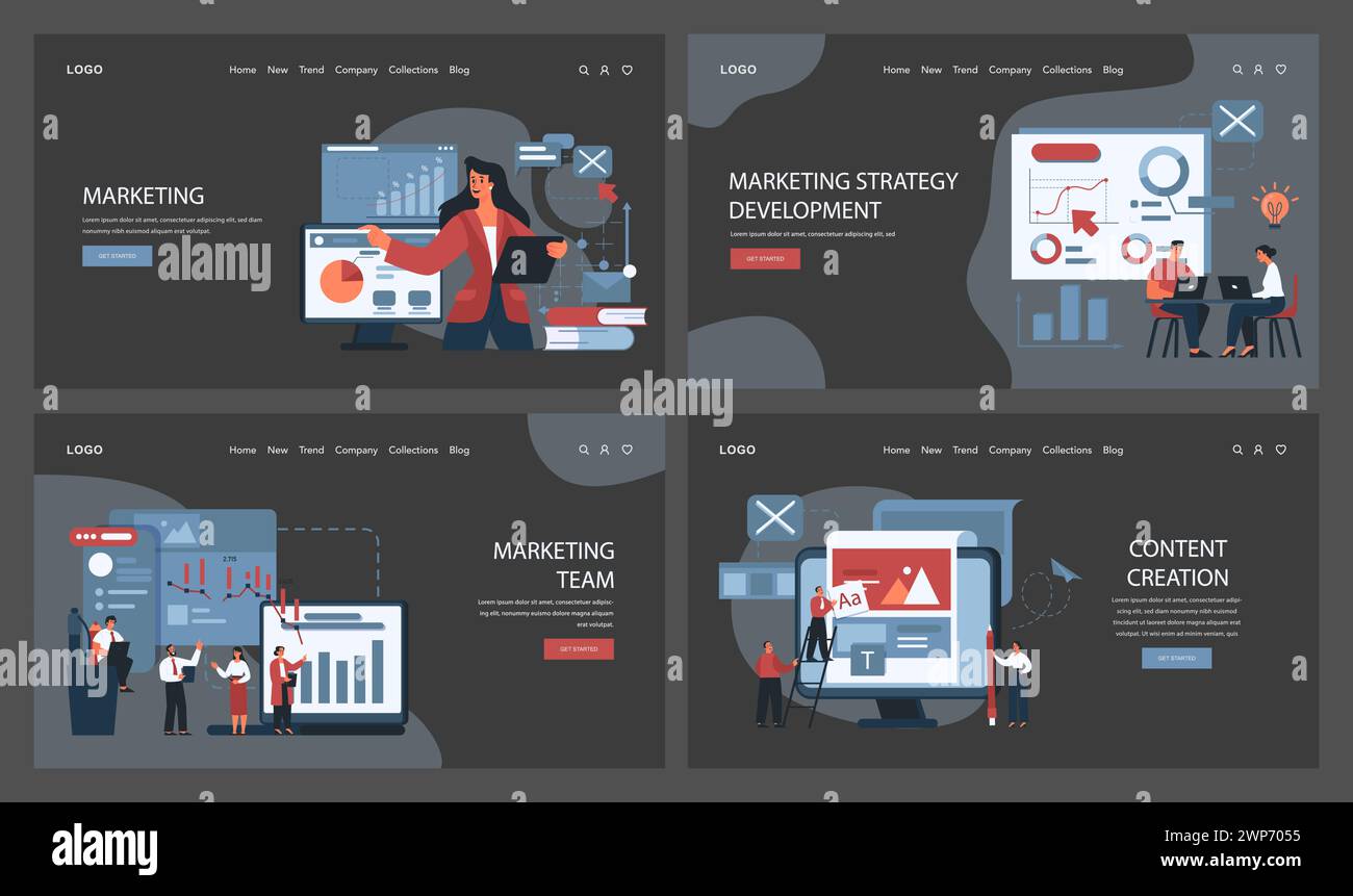 Ensemble d'éléments essentiels marketing. Étapes complètes du workflow marketing, de l'identification du public aux investissements. Équipe diversifiée, planification stratégique et exécution. Illustration vectorielle plate Illustration de Vecteur