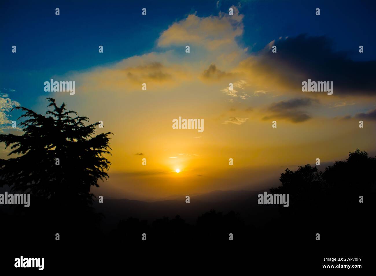 Vue sur le coucher du soleil depuis les montagnes de Lansdowne. Vue sur le coucher de soleil de la montagne à Lansdowne. Incroyable coucher de soleil doré vu à travers la route de la forêt, Lansdowne Uttarakhan Banque D'Images