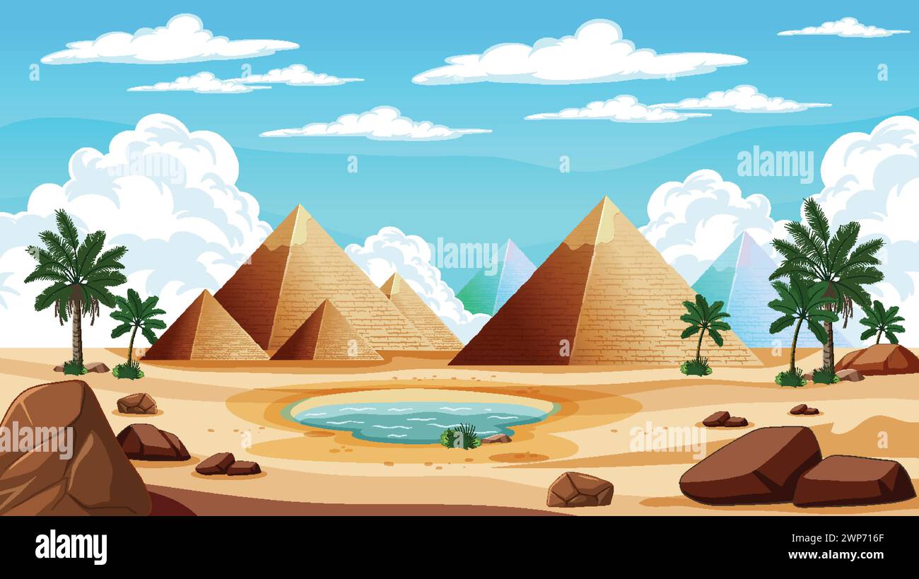 Illustration de dessins animés de pyramides à côté d'une oasis du désert. Illustration de Vecteur