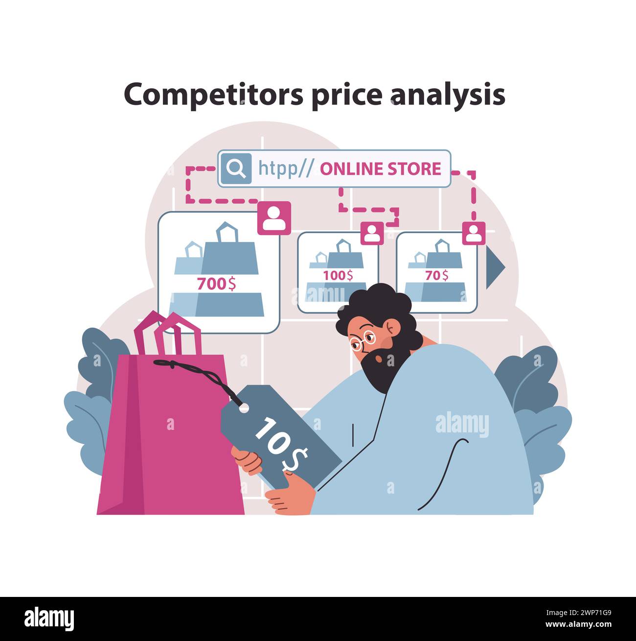 Concept d'analyse des prix des concurrents. Analyste évaluant les stratégies de tarification des magasins en ligne pour optimiser le positionnement sur le marché. Comparaison des coûts et évaluation de la valeur dans le commerce électronique. Illustration vectorielle plate. Illustration de Vecteur