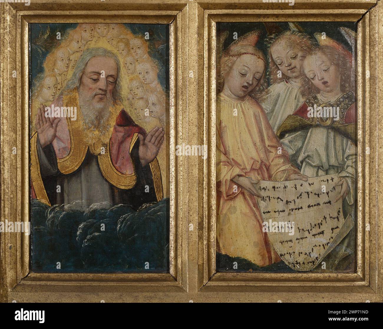 Œuvre religieuse de la fin du XVe siècle attribuée au Maître du diptyque de Bo, représentant Dieu le Père avec un chœur angélique, conservée dans la collection de Johann Peter Weyer. Banque D'Images Œuvre religieuse de la fin du XVe siècle attribuée au Maître du diptyque de Bo, représentant Dieu le Père avec un chœur angélique, conservée dans la collection de Johann Peter Weyer. Banque D'Images