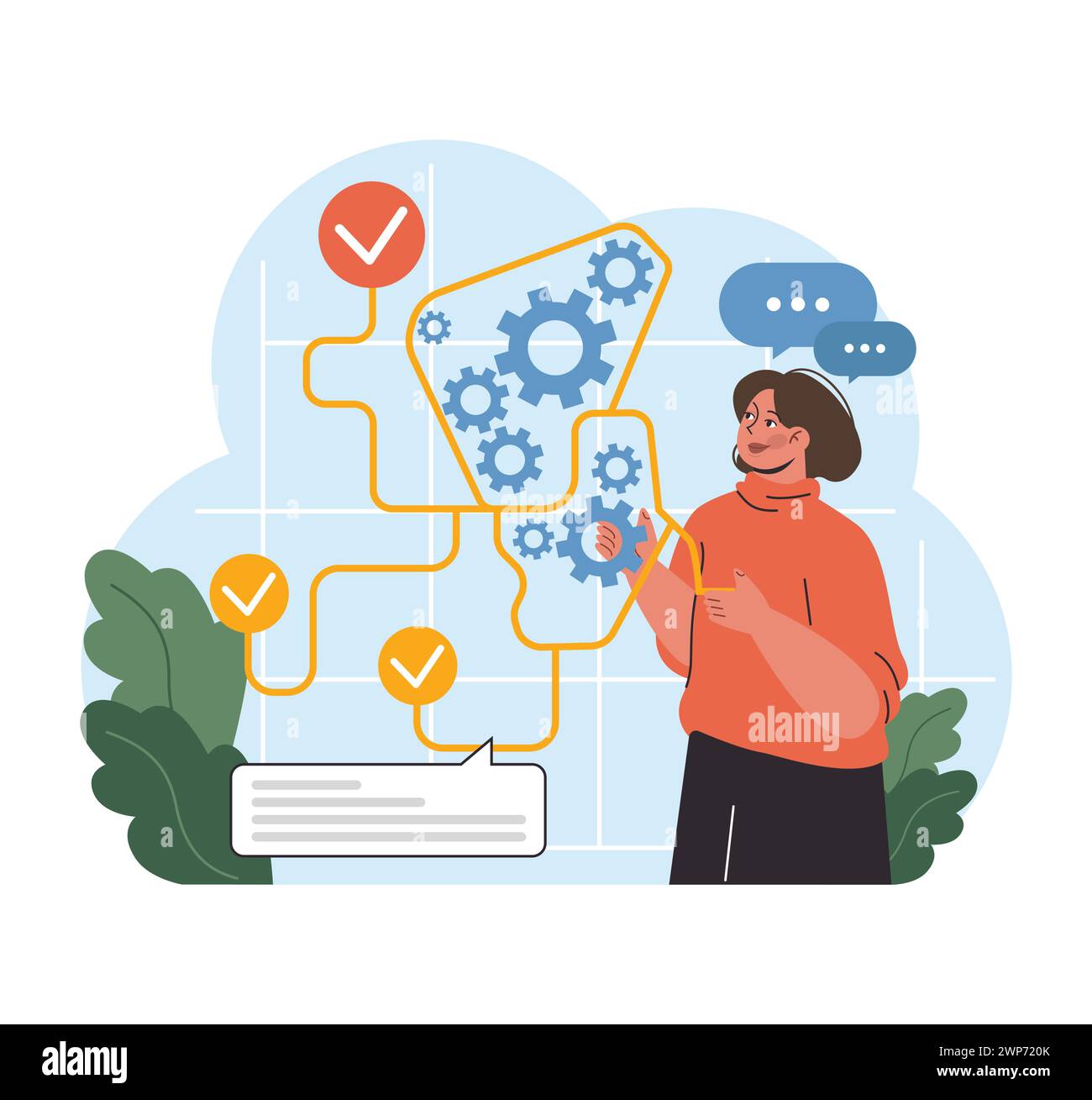 Concept de dynamique de résolution de problèmes. Femme intègre des rouages dans l'organigramme, optimisant les processus. Pensée divergente, augmentation de l'efficacité. Illustration vectorielle plate. Illustration de Vecteur