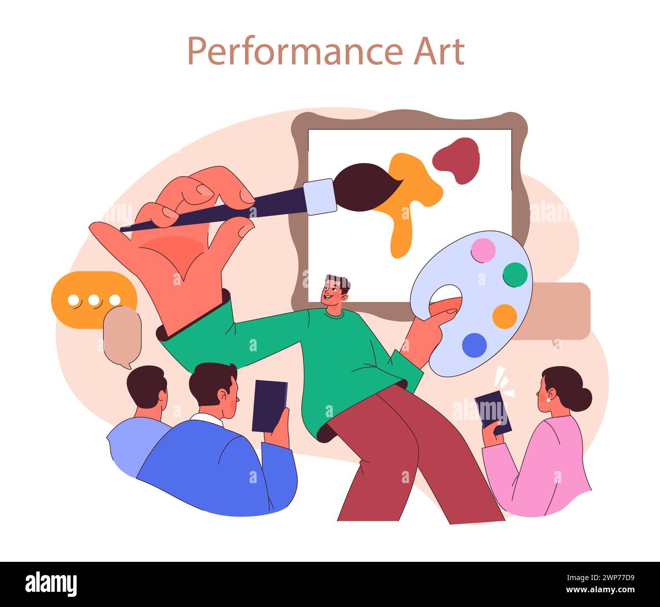 Musée ou galerie d'art. Performance artistique dynamique avec un artiste expressif dessinant un tableau, tandis que les visiteurs prennent des photos ou diffusent une vidéo en direct. Illustration vectorielle plate Illustration de Vecteur