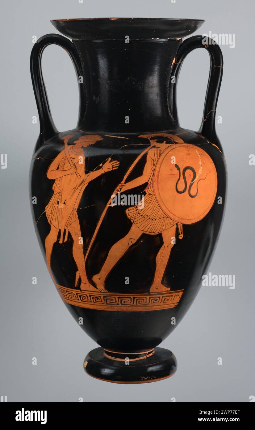 Amphore rouge du peintre Alkiachosa, datant de 470-440 av. J.-C., présentant des scènes mythologiques grecques ou de la vie quotidienne sur des poteries en terre cuite. Banque D'Images