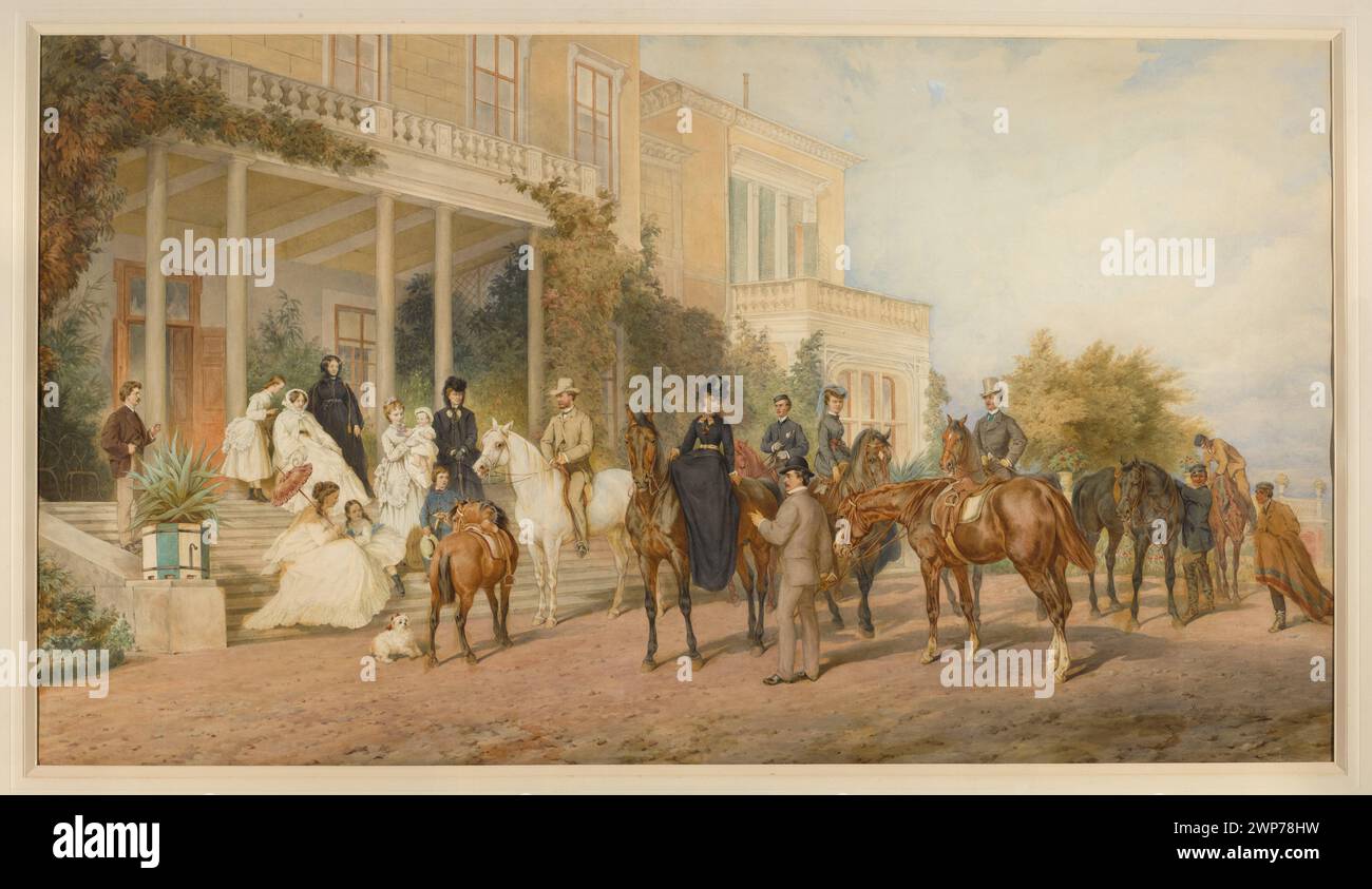 Représentation d'un retour d'une promenade à Krzeszowice, petite Pologne, par Juliusz Kossak (1824-1899), 1872. Montre des chevaux, des chiens et des portraits collectifs, liés aux familles Krasiński et Potocki. Banque D'Images