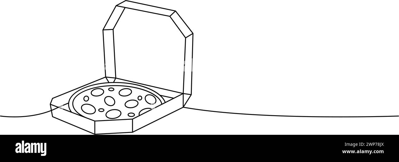 Pizza traditionnelle entière dans une boîte dessin continu d'une ligne. Illustration continue d'une ligne de restauration rapide italienne traditionnelle. Illustration vectorielle. Illustration de Vecteur