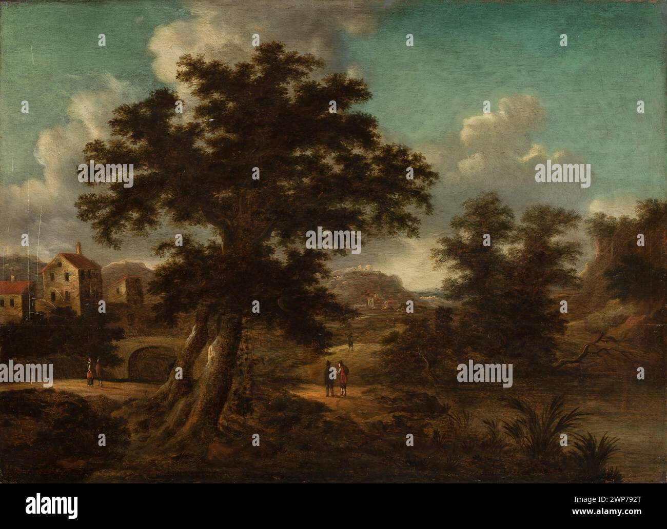 Paysage avec un pont, un grand arbre et des personnages de voyage ; Hergenröder, Georg Heinrich (1736-1799) ; XVIIe siècle (1600-00-00-1699-00-00) ; arbres, peinture allemande, paysages, château, bâtiments Banque D'Images