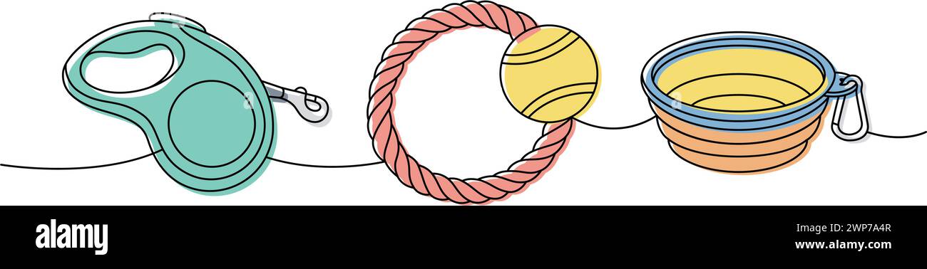 Ensemble d'animaux de compagnie fournit une ligne colorée dessin continu. Laisse à ruban à mesurer, laisse rétractable, jouet à mâcher, bol d'eau portable continu d'une ligne Illustration de Vecteur