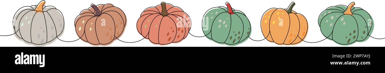 Ensemble de citrouilles. Citrouilles Halloween une ligne de dessin continu coloré. Illustration continue d'une ligne de légumes d'halloween d'automne. Illustration de Vecteur