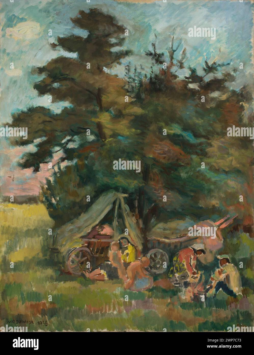 1938 peinture de Wacław Sowicz représentant un camp gitan sous un arbre, représentant des scènes génériques dans un style contemporain pendant l'entre-deux-guerres, tenues par la provenance d'achat. Banque D'Images
