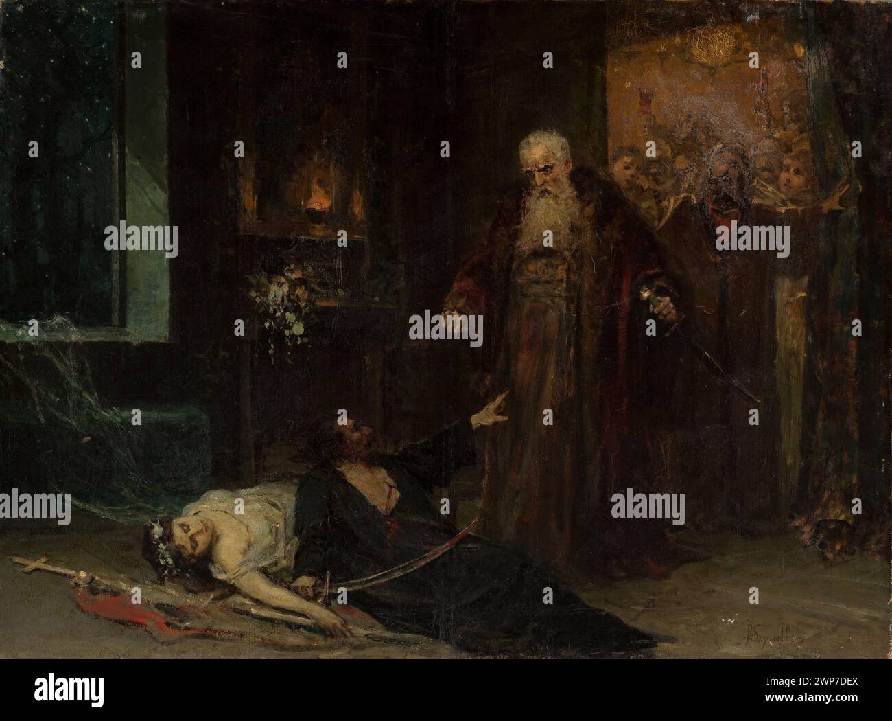 Scène de meurtre peinte par Pantaleon Szyndler entre 1865 et 1905, représentant un événement violent, recueillie par Dominik Witke-Jeżewski. Banque D'Images