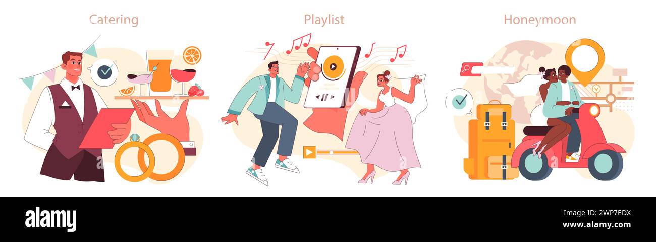 Ensemble de préparation de mariage. Le marié finalise les détails de la restauration, le couple aime leur playlist, les jeunes mariés planifient une lune de miel romantique. Des moments mémorables. Amour et engagement. Illustration vectorielle plate. Illustration de Vecteur
