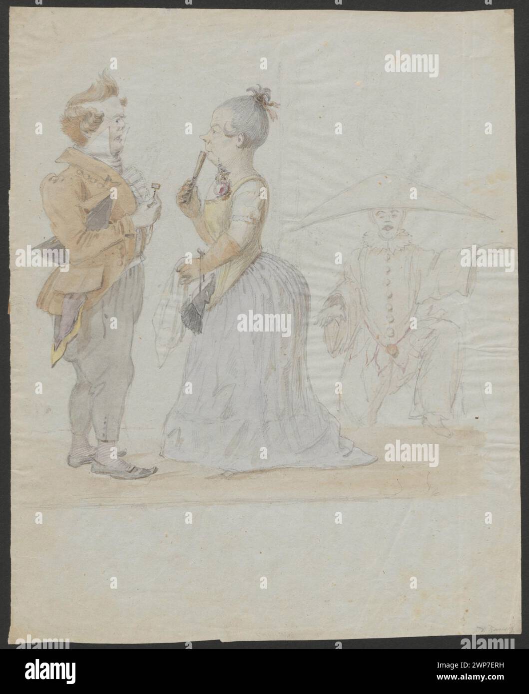 Dessin d'une scène de théâtre par Amand Zausig, 1843, mettant en scène des hommes, des femmes et des Arlequin de la Commedia dell'Arte, qui fait partie de la collection Schlesisches Museum der Bildenen Künste, montrant des caricatures allemandes et des illustrations de scène. Banque D'Images