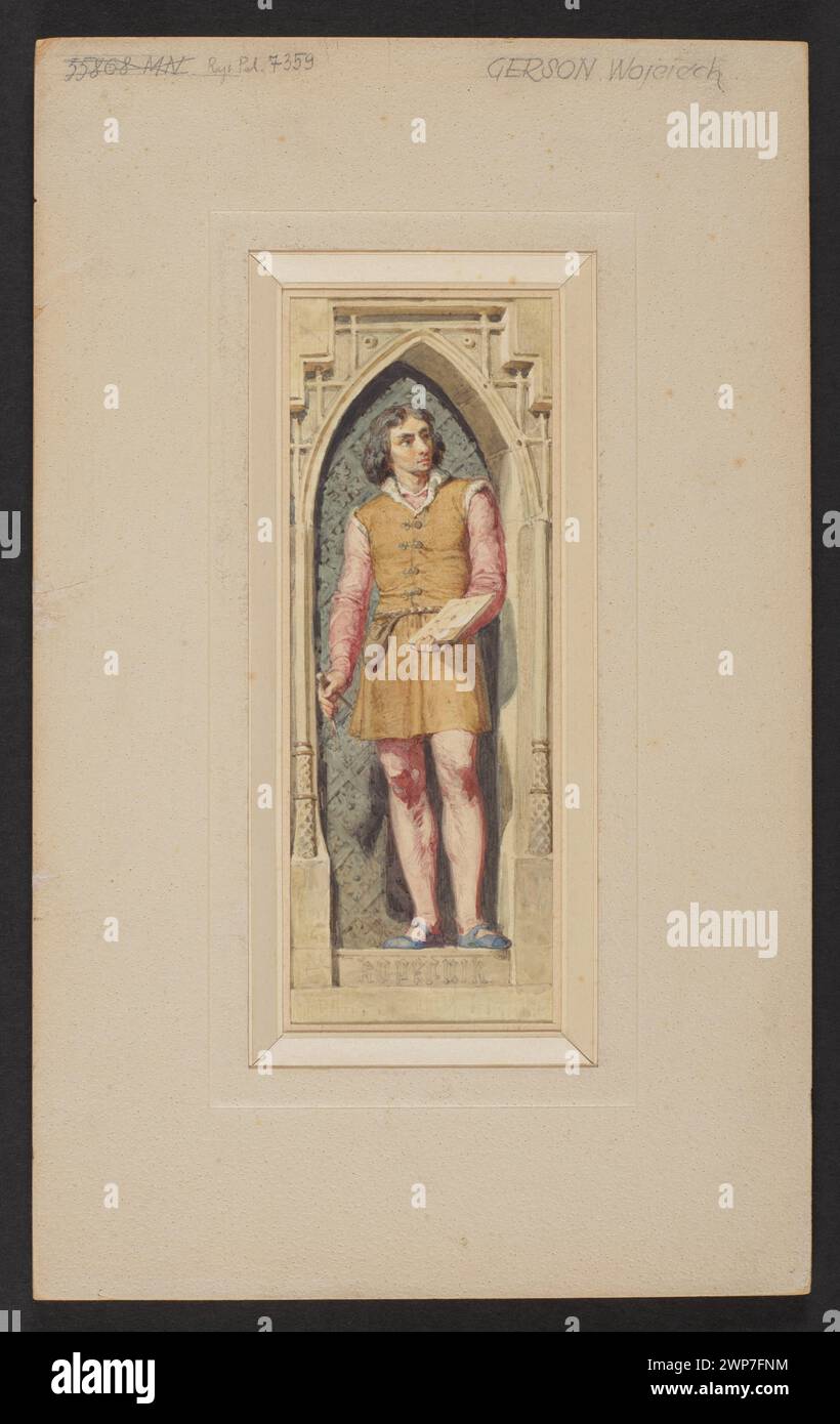 Portrait de Nicolaus Copernic peint par Wojciech Gerson vers 1857, montrant l'astronome en tenue traditionnelle et en détails du visage. Banque D'Images